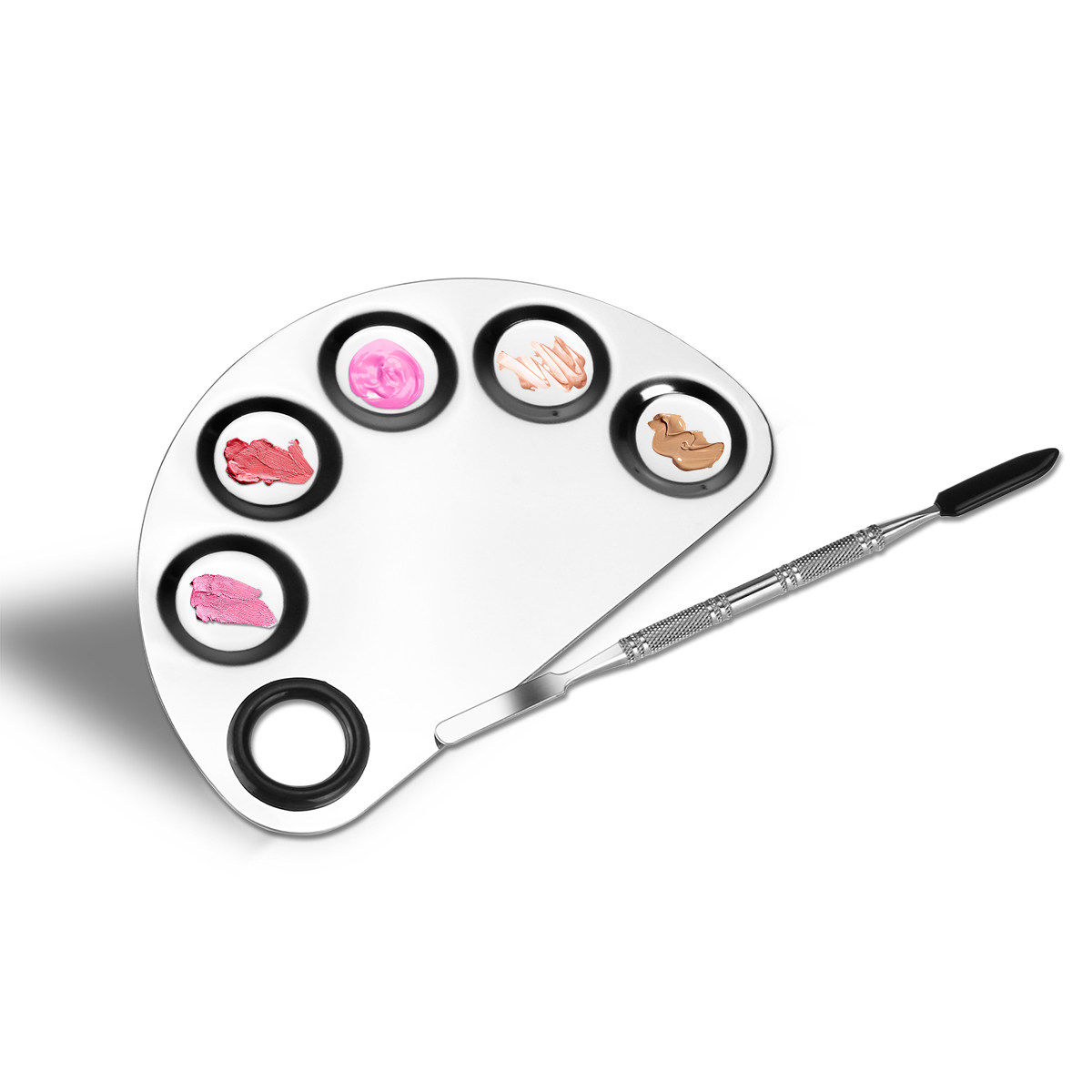 Eyeshadow Palette - ステンレス製メイクアップ用パレット。5つの穴が開いたトレイで、両端にスパチュラが付いており、ファンデーション、口紅、アイシャドウなどを混ぜるのに便利。