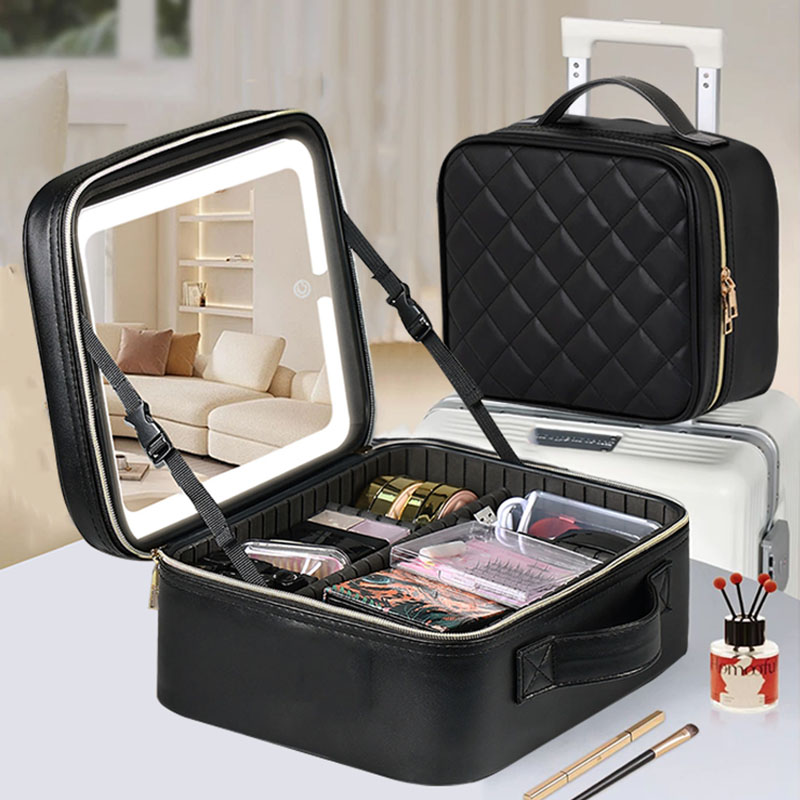 Beauty Zone Makeup - 大型LEDライト付きメイクアップミラー、トラベルメイクアップバッグ（ミラー付き）、ゾーン別ビューティーマニキュアメイクアップケース、3つのライトカラーモード