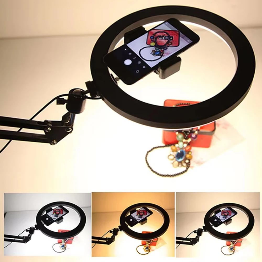 Led Ring Light - スマホ用リングライト付きオーバーヘッド三脚、卓上ビデオ撮影、水平スマートフォン三脚、料理撮影用