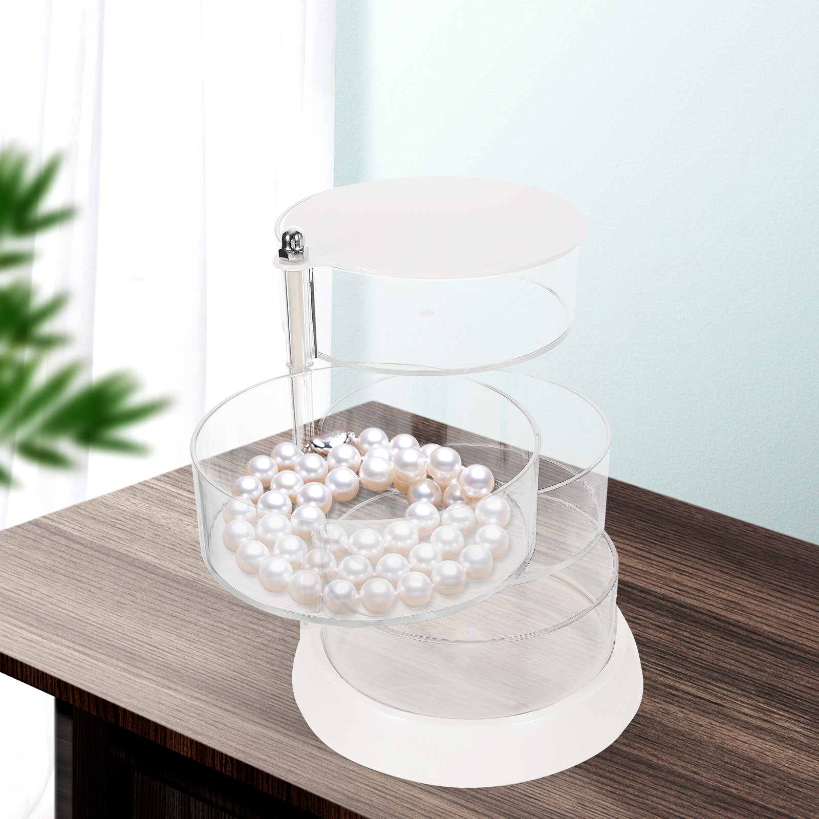 Makeup Organizer - 回転式のメイク収納ボックス。4層構造で、クッションや小物を収納できる多機能なドレッサー収納ケース。メイク用品を整理するのに最適。