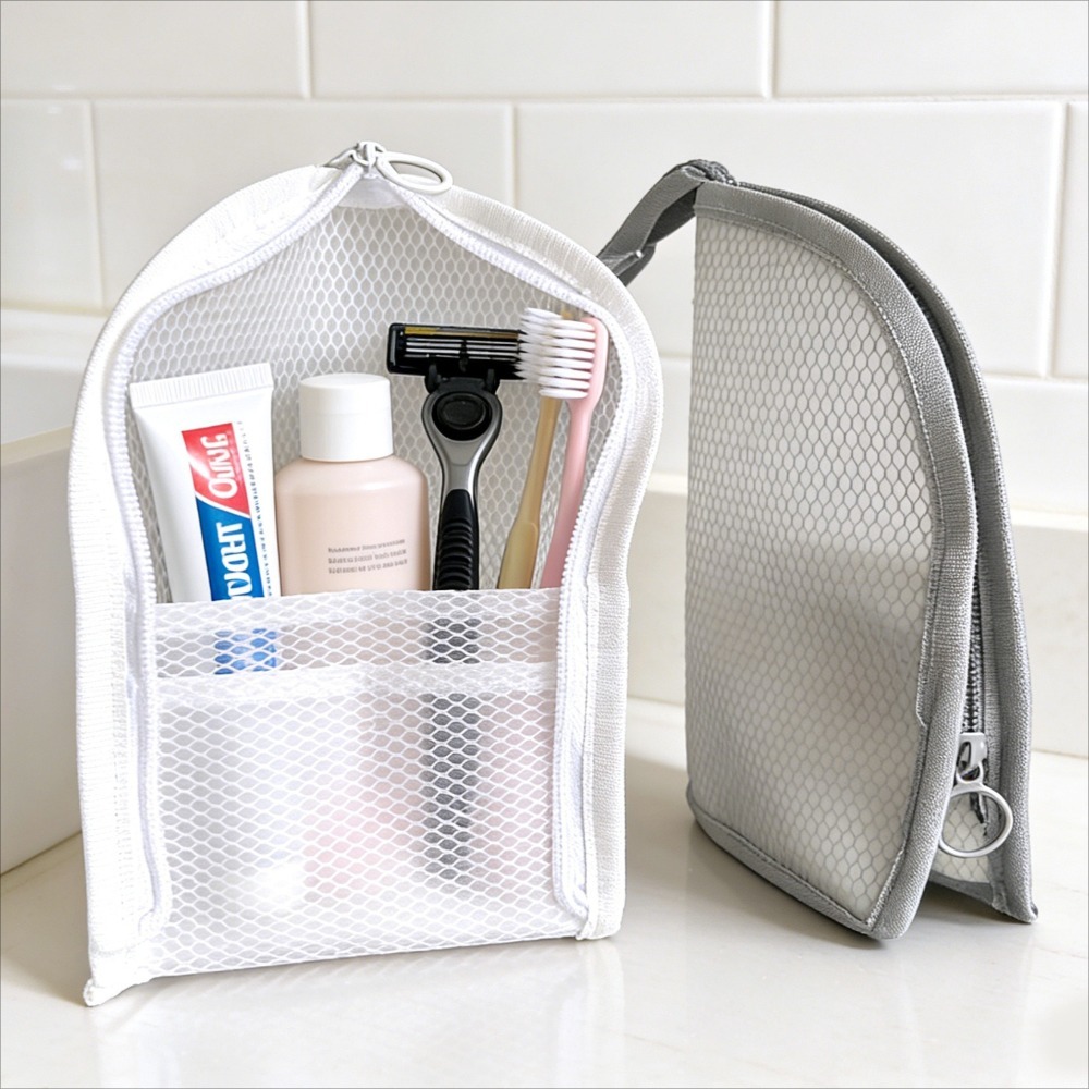 Makeup Organizer - メッシュトイレタリーバッグ 通気性 速乾性 縦型歯ブラシホルダー 化粧品オーガナイザー 旅行