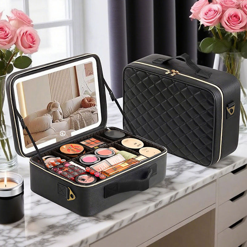 Beauty Zone Makeup - 大型トラベルメイクアップバッグ（ミラー付き）、ゾーン別ビューティーマニキュアメイクアップケース、3色ライトモードLEDライト付きメイクアップミラー