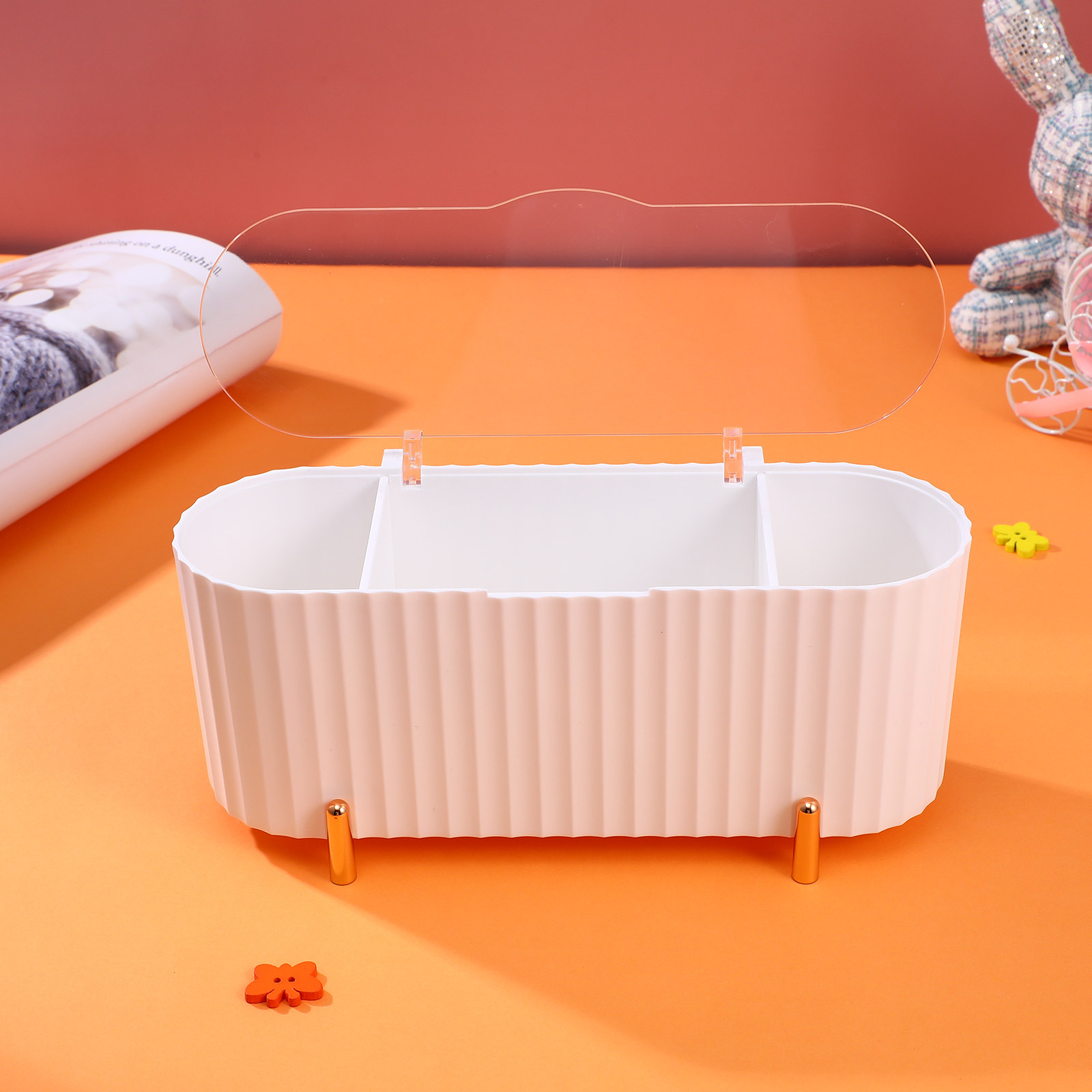 Makeup Organizer - 2個入り収納ボックス 3グリッドメイクアップパッドオーガナイザー 綿棒ホルダー ビューティーエッグコンテナ デスクトップオーガナイザー ダストカバー