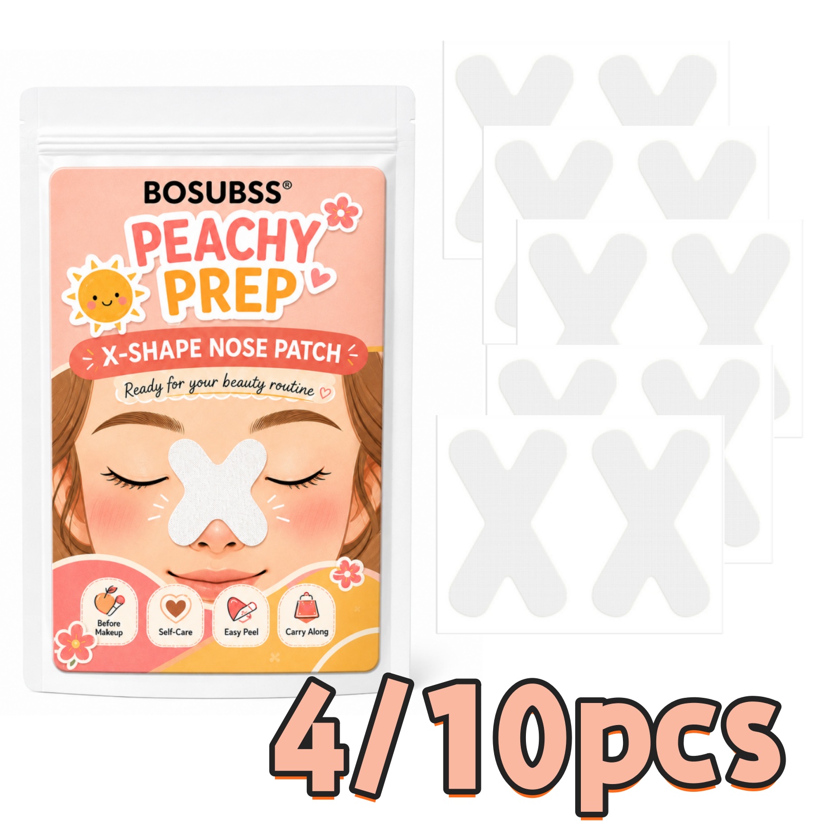 X Beauty Makeup - 4/10個入りX字型ノーズパッチセット、ピーチカラーの鼻ケアストリップ、簡単ピールオフ、メイク前、持ち運びに便利な美容習慣