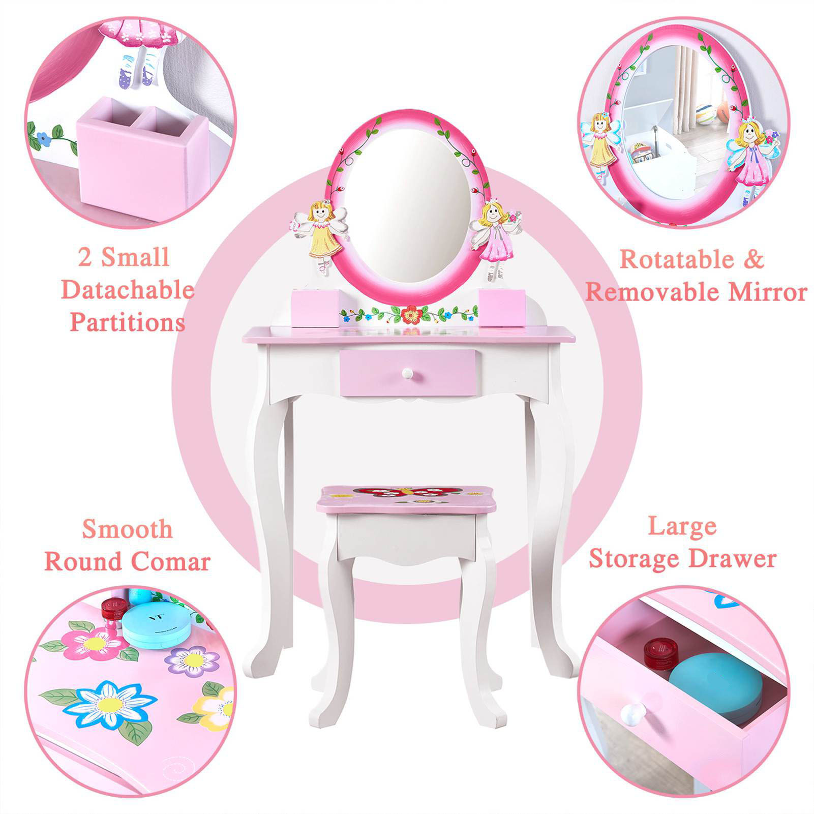 子供用化粧台セット 花柄プリント木製メイクアップドレッシング - Beauty Makeup Girl のレビューと価格
