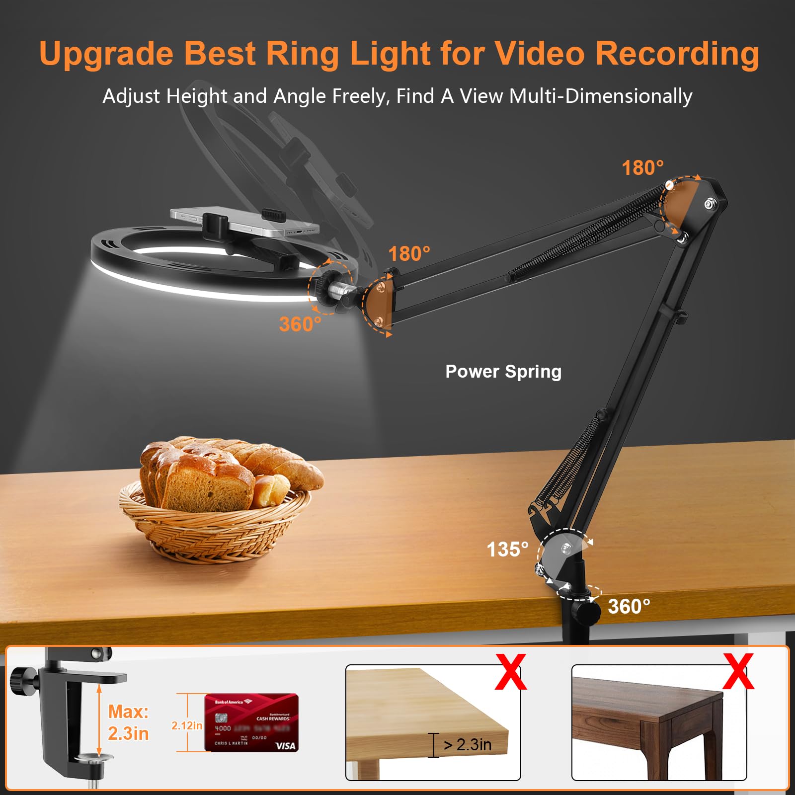 スマホ用リングライト付きオーバーヘッド三脚、卓上ビデオ撮影、 - Led Ring Light のレビューと価格
