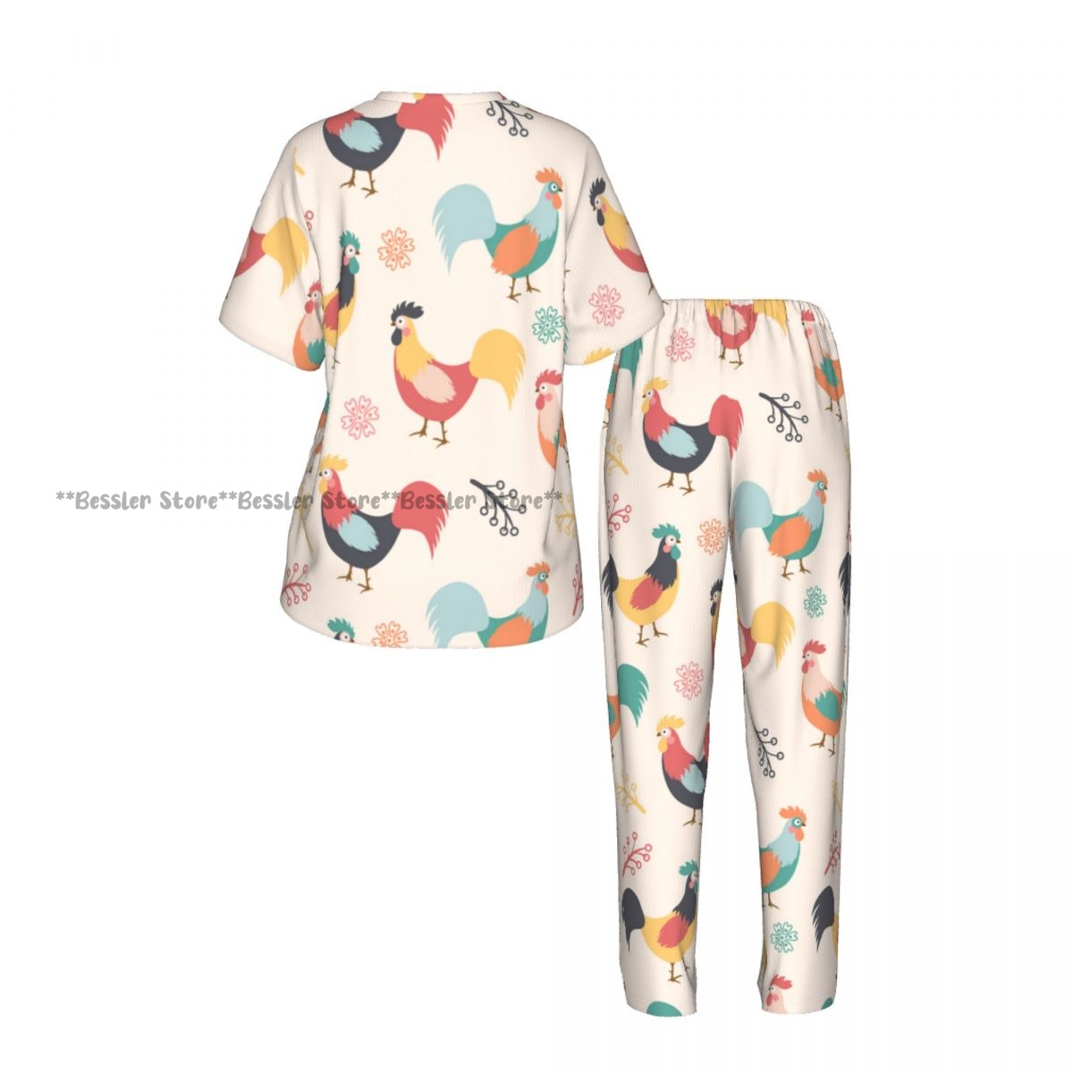 女性用快適パジャマ 女性用美しい雄鶏の枝と花の背景柄半袖セッ - Beauty & Makeup Katia Di Paola のレビューと価格